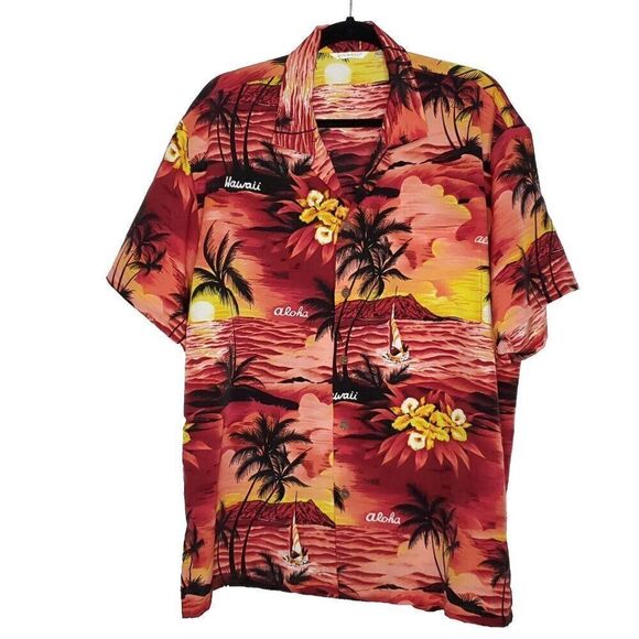 Aloha Hawaiian Shirt Sz XL Sun Set Palm Trees Sail Boat Red Pink Yellow Black - Picture 1 of 5